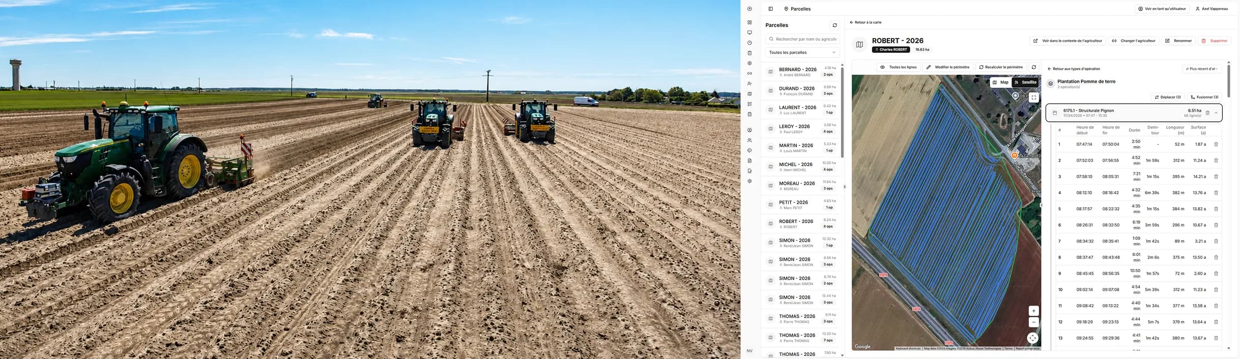 Farmlink — tractors in field with admin panel overlay