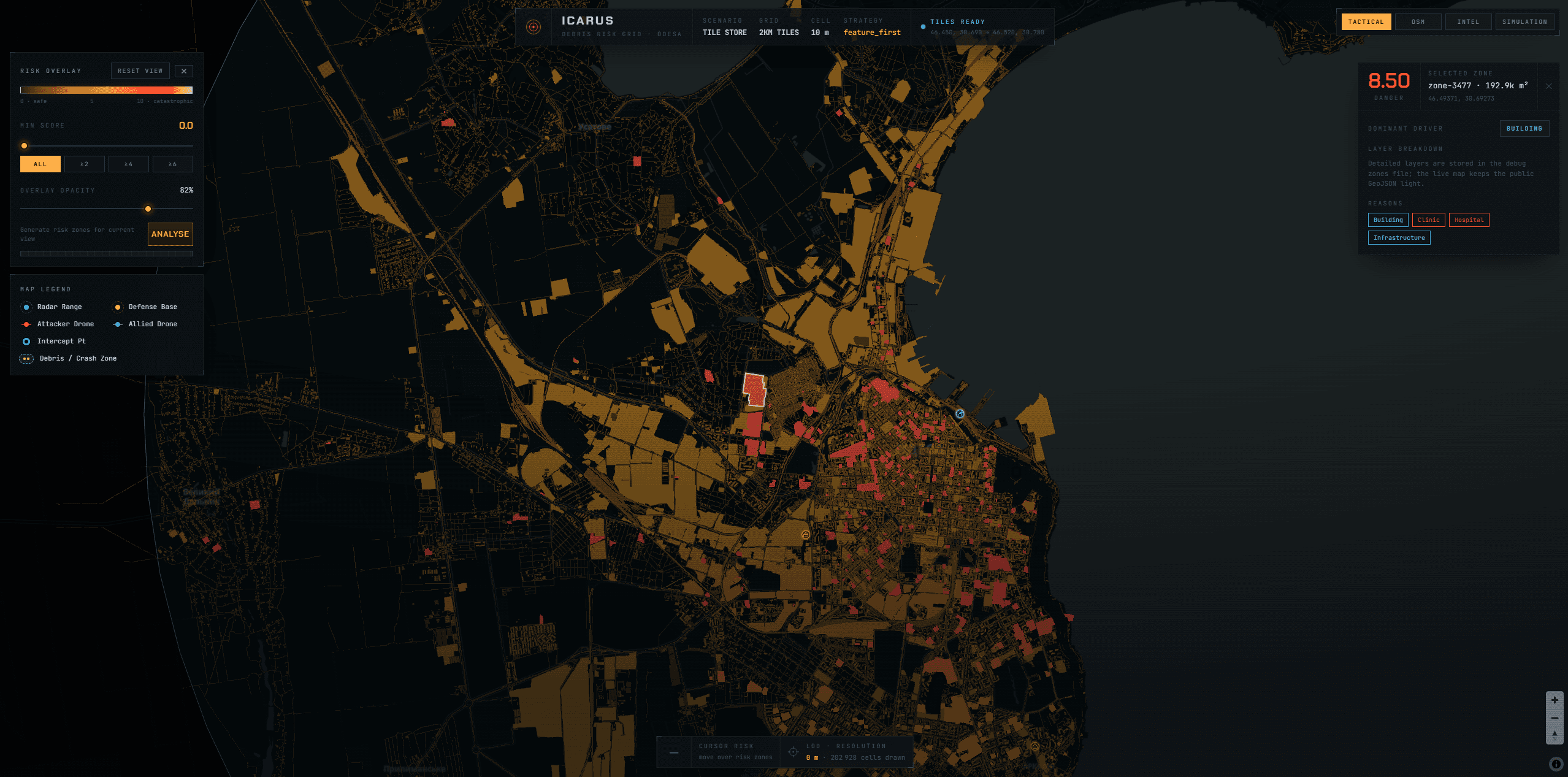 Icarus — danger map with debris footprint overlay