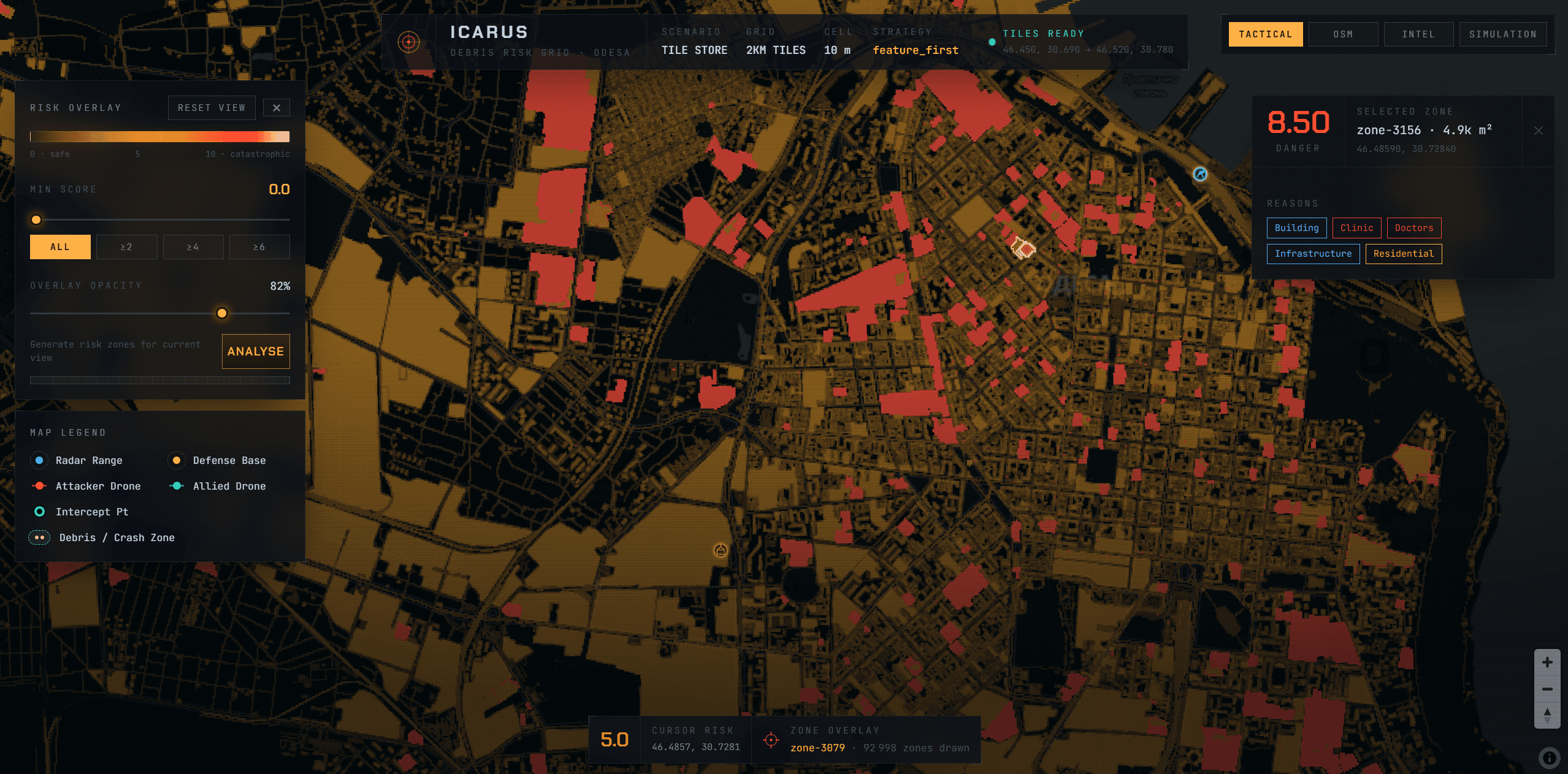 Raster overlay of the danger matrix over the city